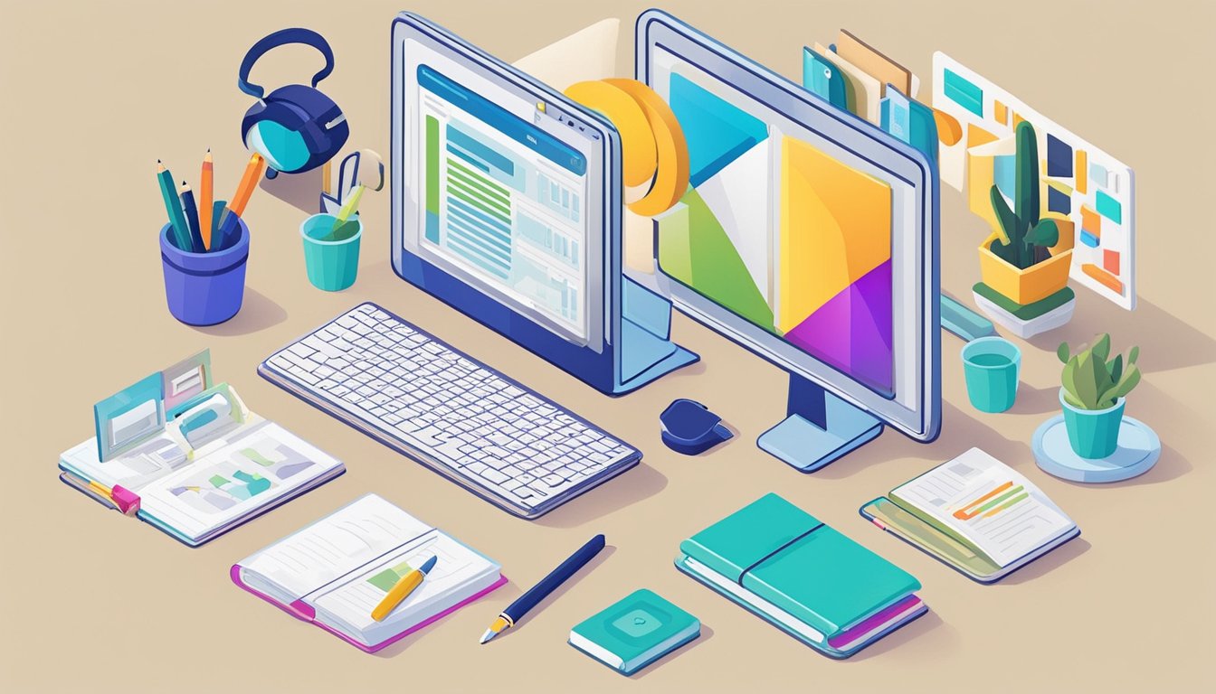 A desk with a computer, notebook, and pen.</p><p>On the computer screen, a list of "Key Features to Look for in SEO Tools" and "10 Best SEO Tools for Online Learning Platforms."