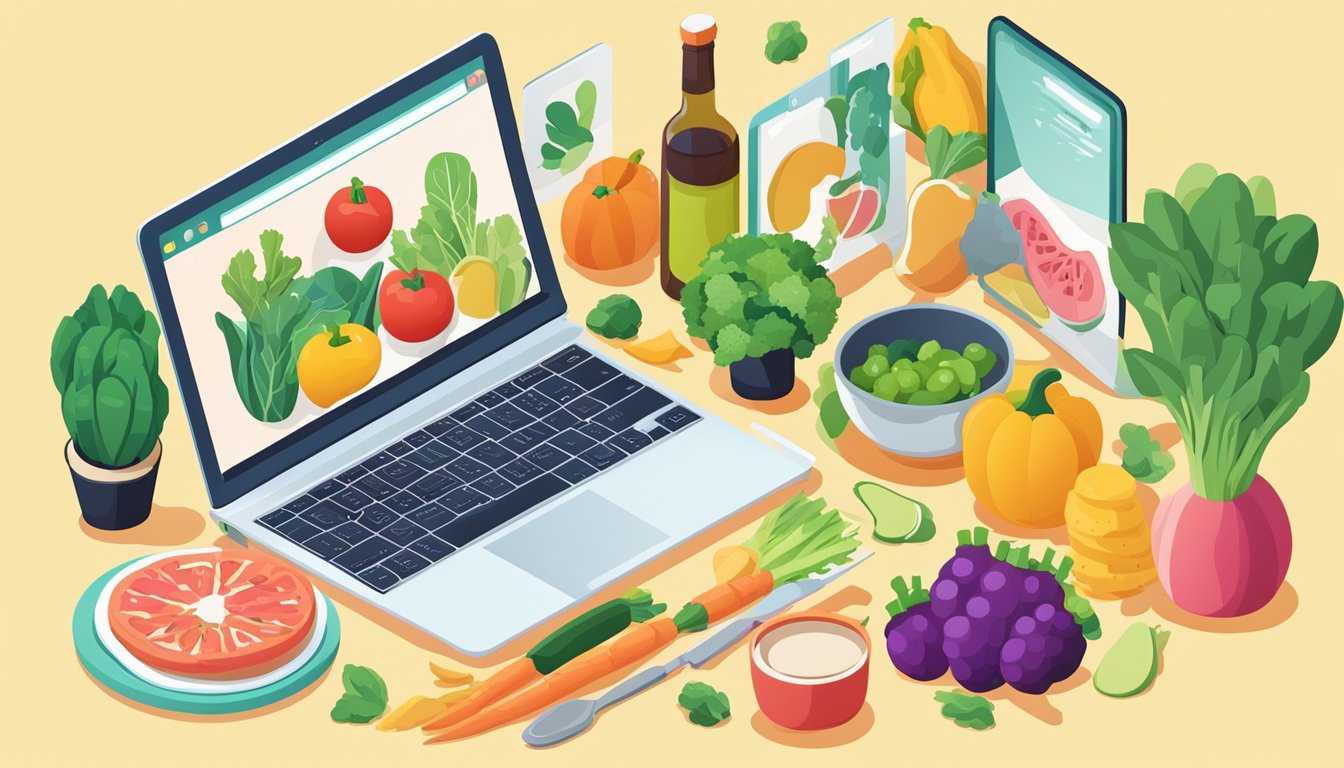 A laptop displaying a food blog with high-quality images, surrounded by various types of fresh produce and cooking utensils