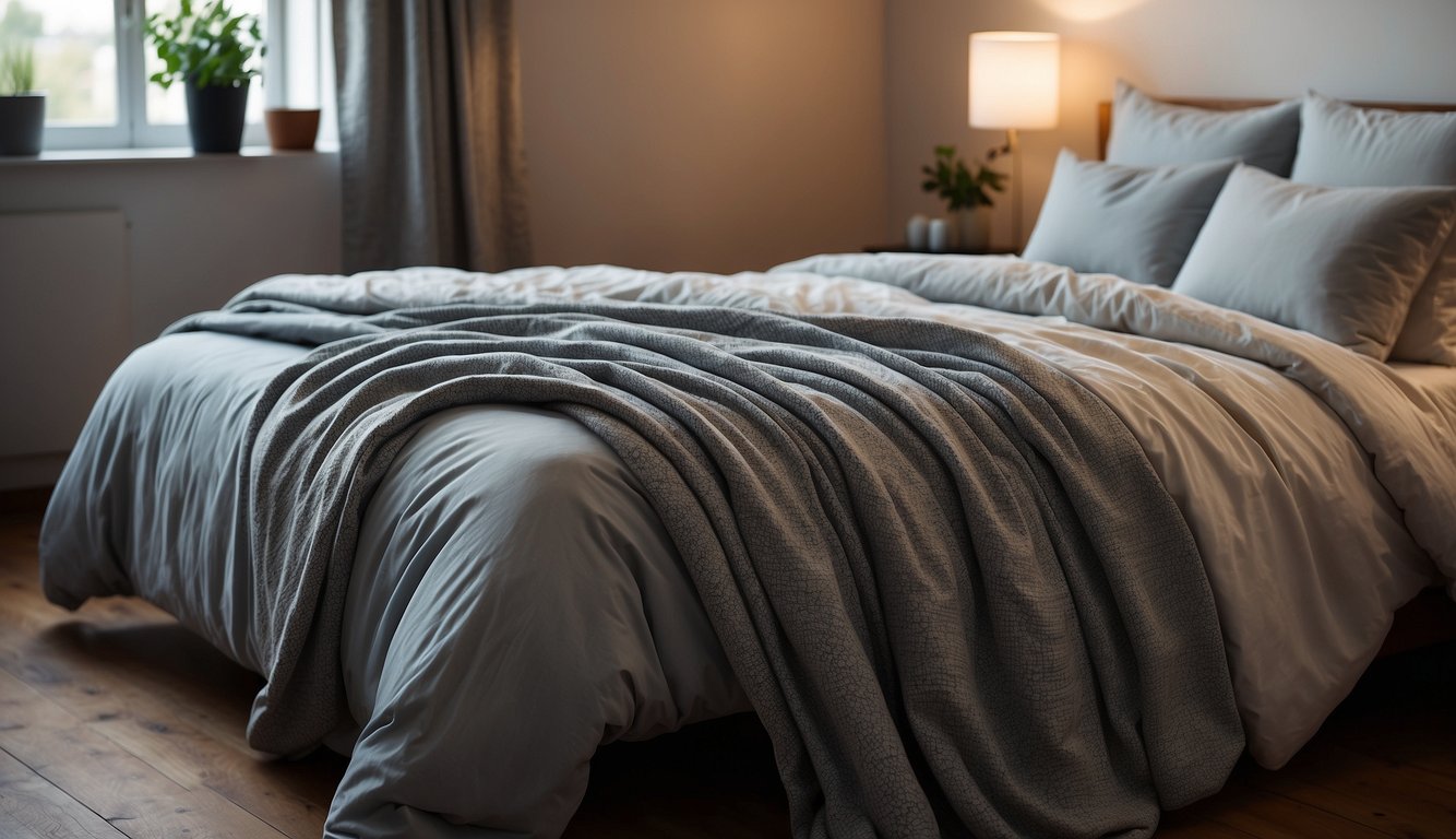 A cozy bedroom with a neatly made bed showcasing a variety of organic bed sheets in different colors and textures