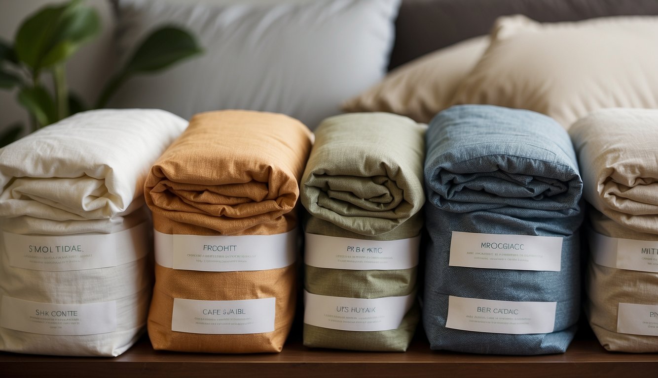 Organic bed sheets displayed with eco-friendly label. Various options showcased with natural materials