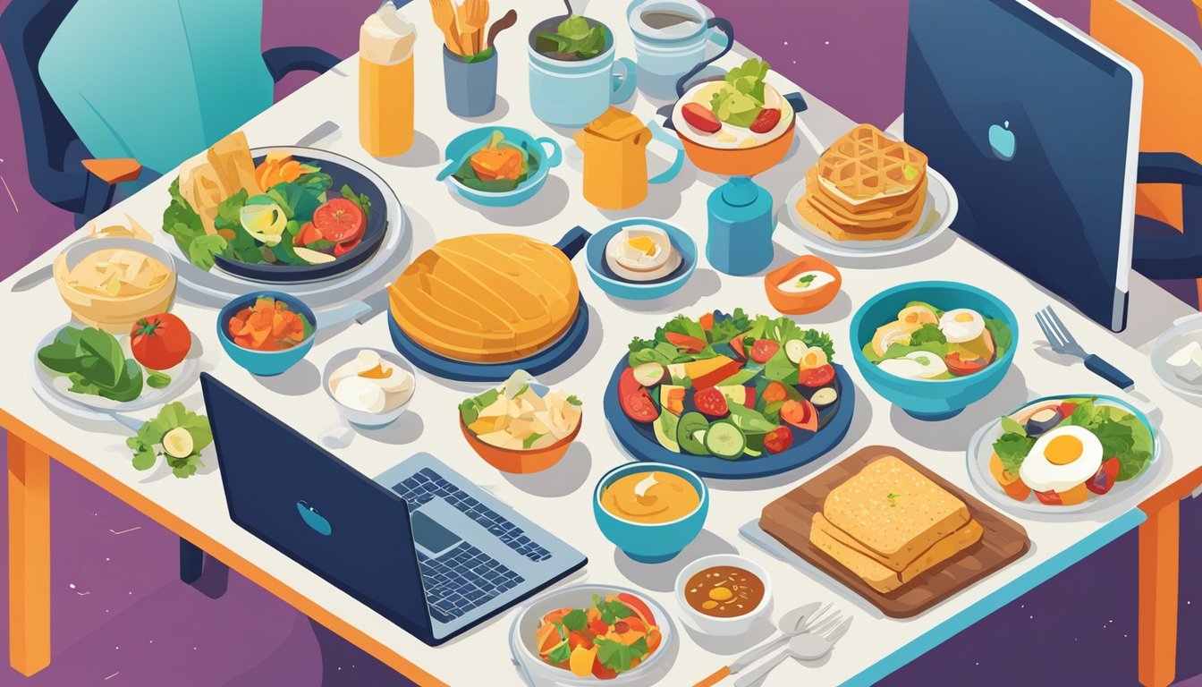 A table set with a variety of food dishes, surrounded by ingredients, cooking utensils, and a laptop displaying "Image Sitemaps 7 Proven Ways to Optimize Images for SEO on Food Blogs."