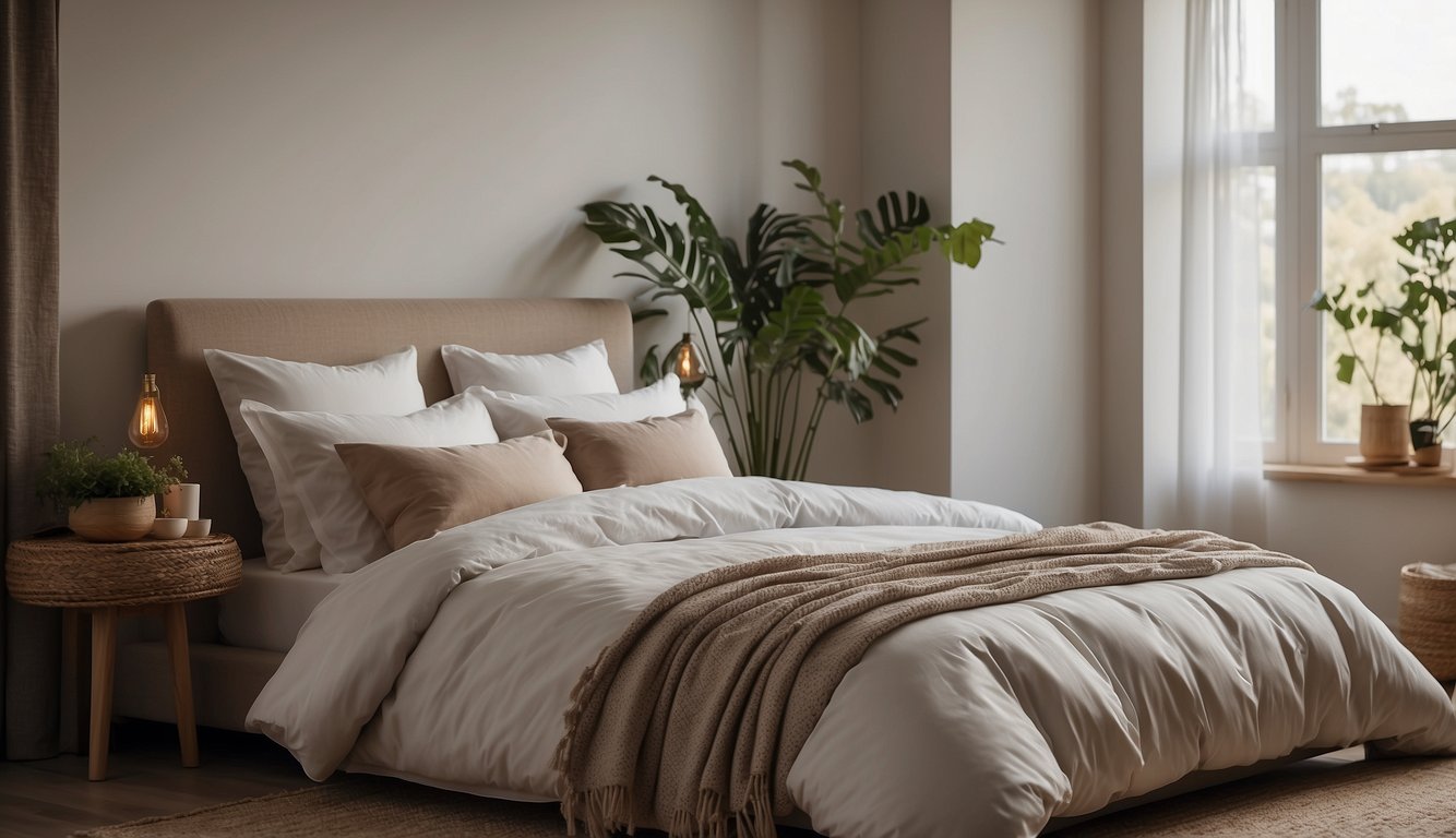 A cozy bedroom with a bed made up with luxurious, organic sheets. The room is filled with soft, natural light, and the sheets are adorned with simple, elegant designs