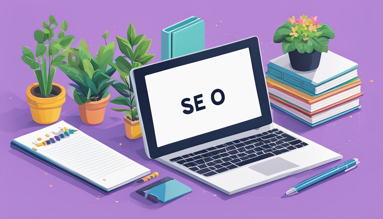 A desk with a laptop, notebook, and pen.</p><p>A whiteboard with SEO tips written on it.</p><p>A stack of marketing books.</p><p>A plant in the corner