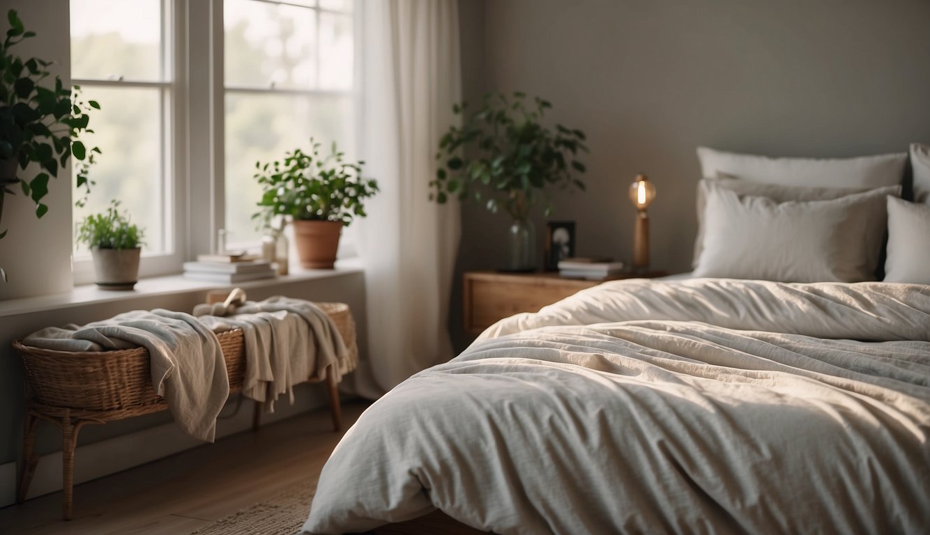 A peaceful bedroom with a neatly made bed adorned with soft, organic sheets in a calming, neutral color palette. A gentle breeze flows through an open window, creating a serene and inviting atmosphere