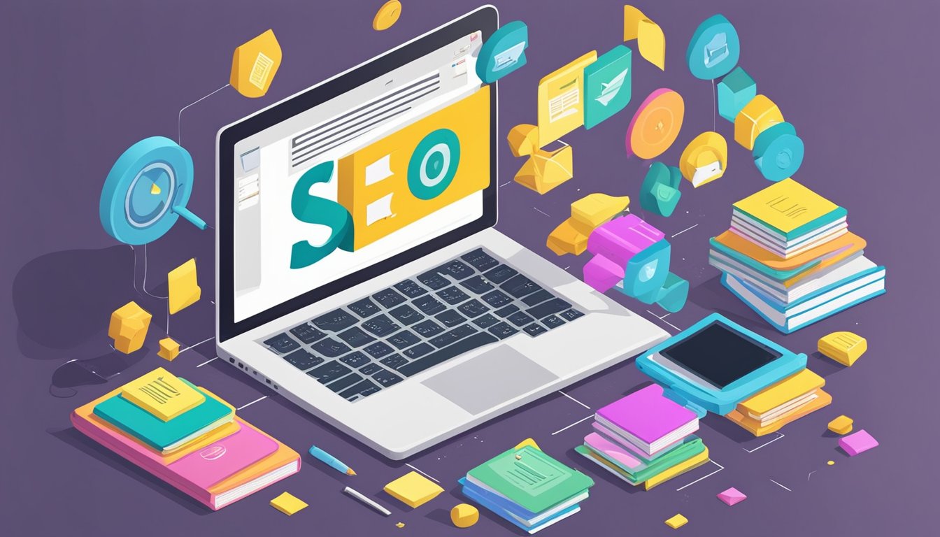 A laptop on a desk with a website open, surrounded by books on SEO and coaching.</p><p>Post-it notes with SEO tips are scattered around