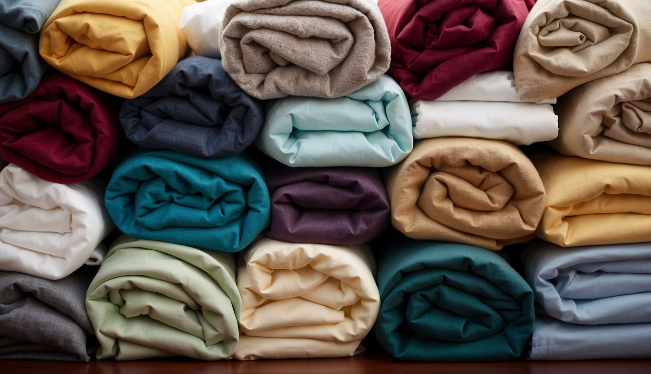 A stack of organic bed sheets in various colors and textures, with a label reading "Frequently Asked Questions Best Organic Bed Sheets: What Are the Top Choices?"