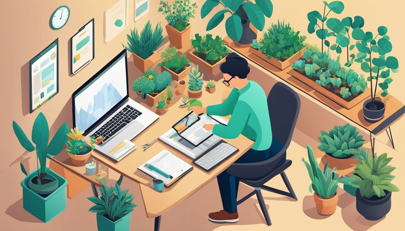 A garden blogger sits at a desk surrounded by gardening tools and plants.</p><p>On the desk are 10 keyword research tools, including a laptop and notebooks.</p><p>The blogger is typing and researching keywords for their next blog post