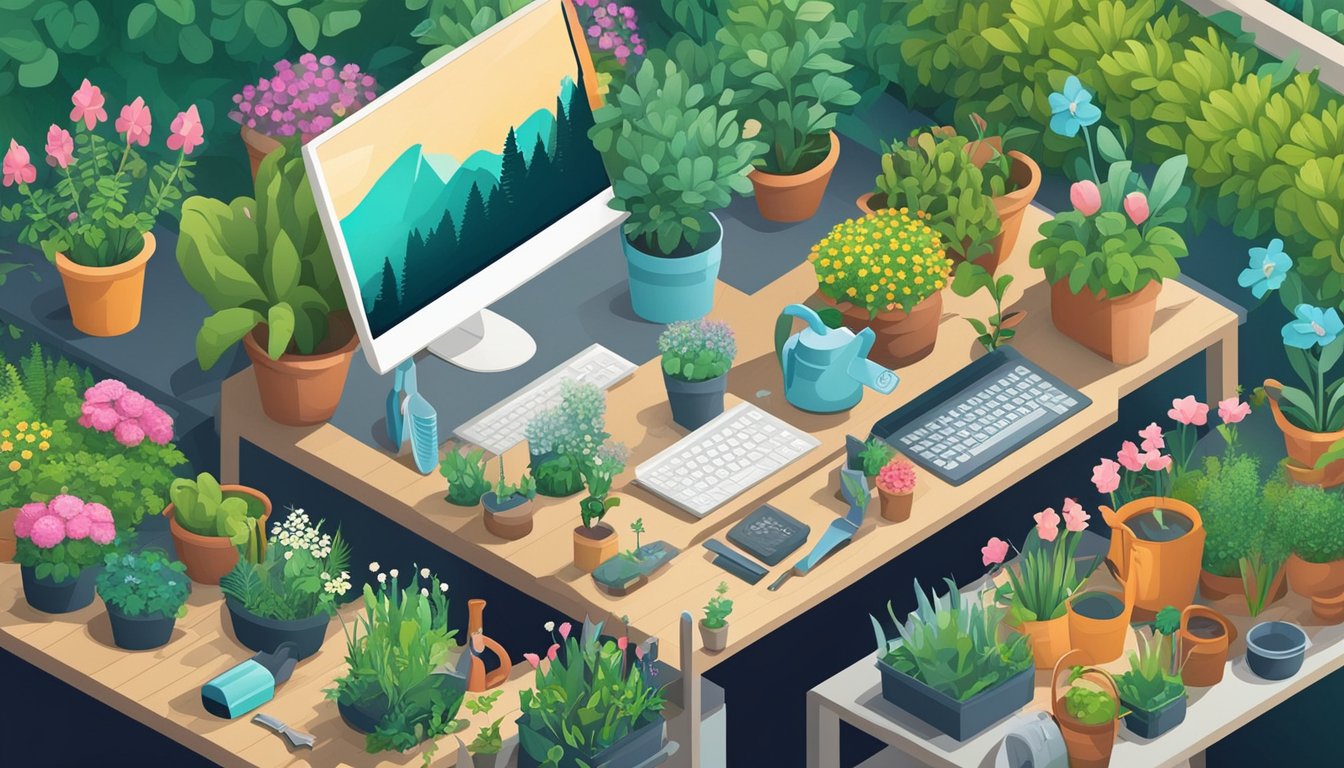 A lush garden with various plants and flowers, surrounded by gardening tools like shovels, watering cans, and gloves.</p><p>A computer with keyword research tools is on a table nearby