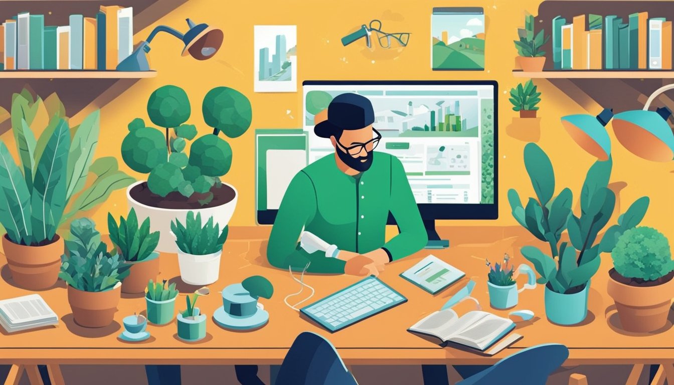 A gardener sits at a desk surrounded by gardening books and tools.</p><p>A computer screen displays the SEMrush keyword research tools for gardening bloggers