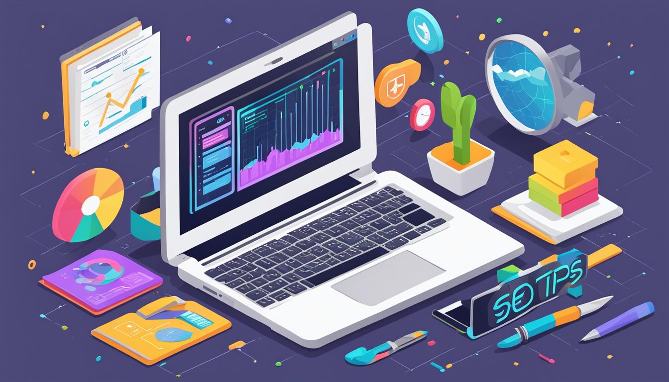 A laptop surrounded by SEO tools, charts, and keywords.</p><p>A notepad with "11 Essential SEO Tips" written on it.</p><p>Bright, engaging colors and graphics