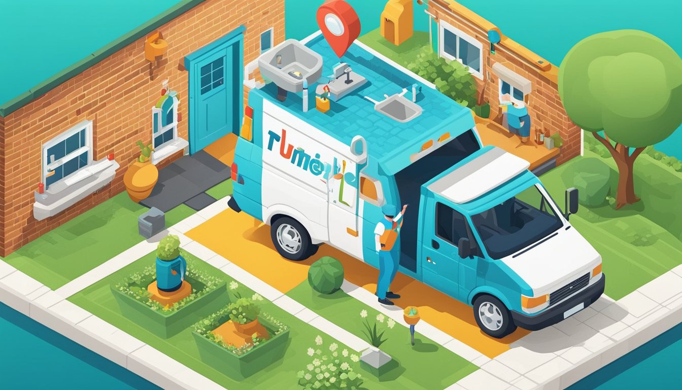 A plumber's van parked in front of a local home, with a social media feed on a smartphone showing SEO strategies for plumbers