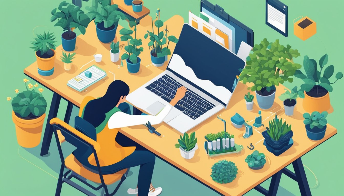 A gardening blogger sits at a desk surrounded by various tools, including a laptop, notebook, and gardening supplies.</p><p>The blogger is using a keyword research tool to optimize their blog content