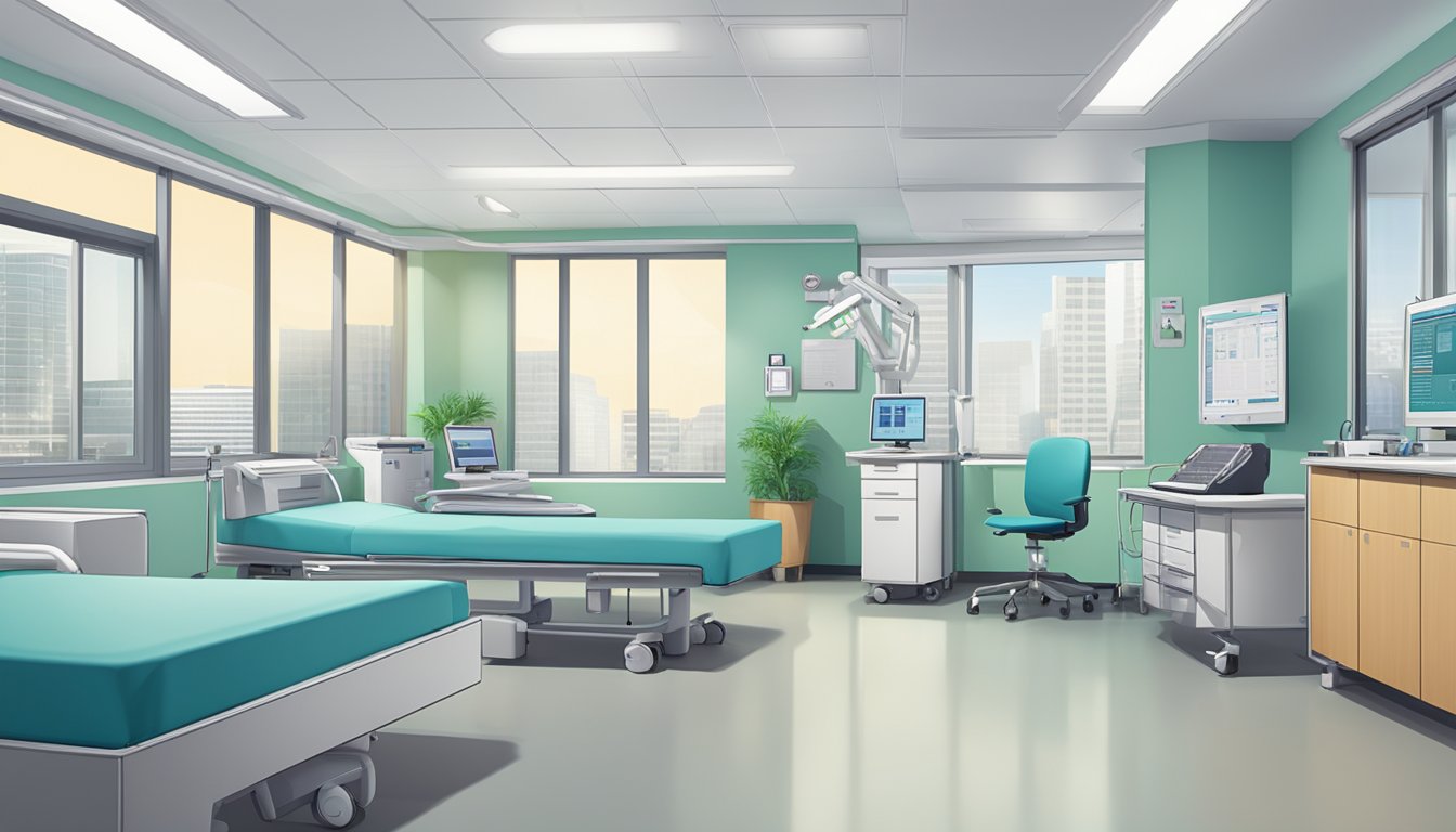 A modern hospital room with medical equipment, a desk, and a computer. The room is well-lit and organized, with the Novena Heart Centre logo visible