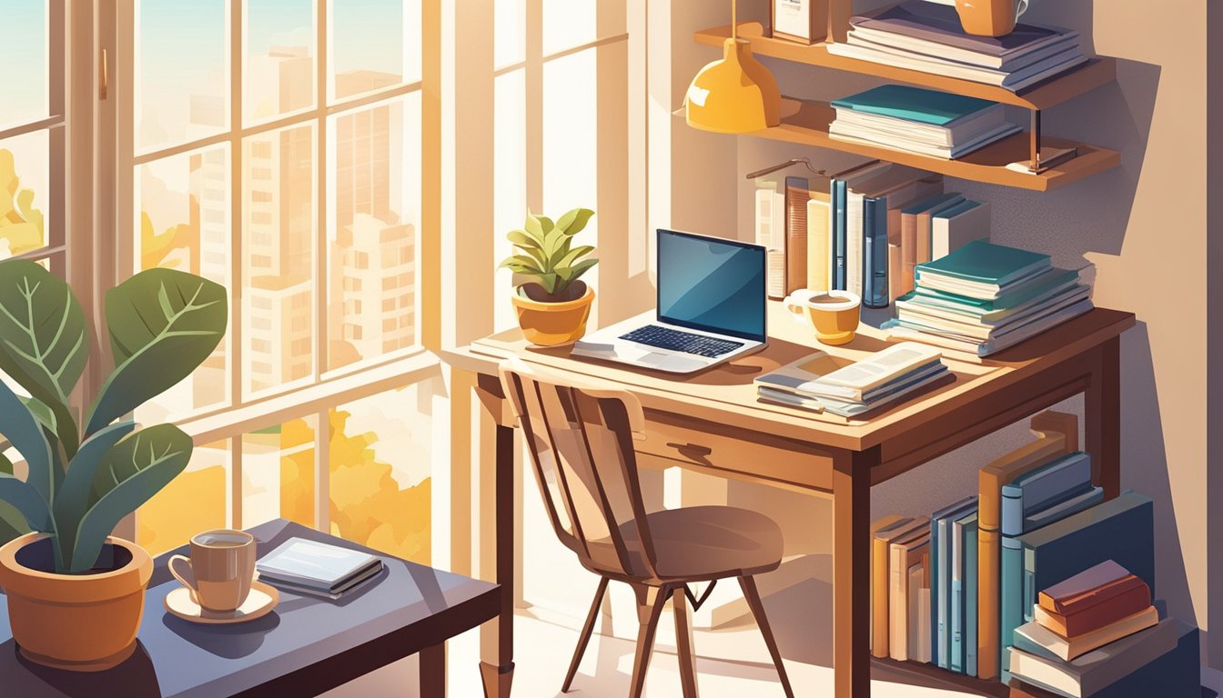 A desk with a computer, notebook, and coffee mug.</p><p>A stack of real estate books and a KWFinder tool on the screen.</p><p>Sunlight streams through the window