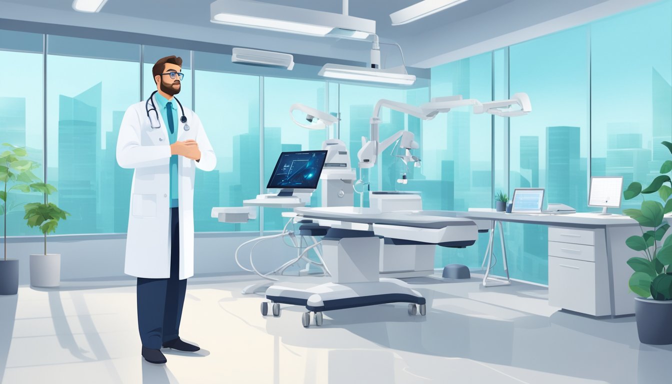 A doctor in a white coat stands in a modern medical office, surrounded by state-of-the-art equipment and technology. The room is bright and clean, with a calming atmosphere