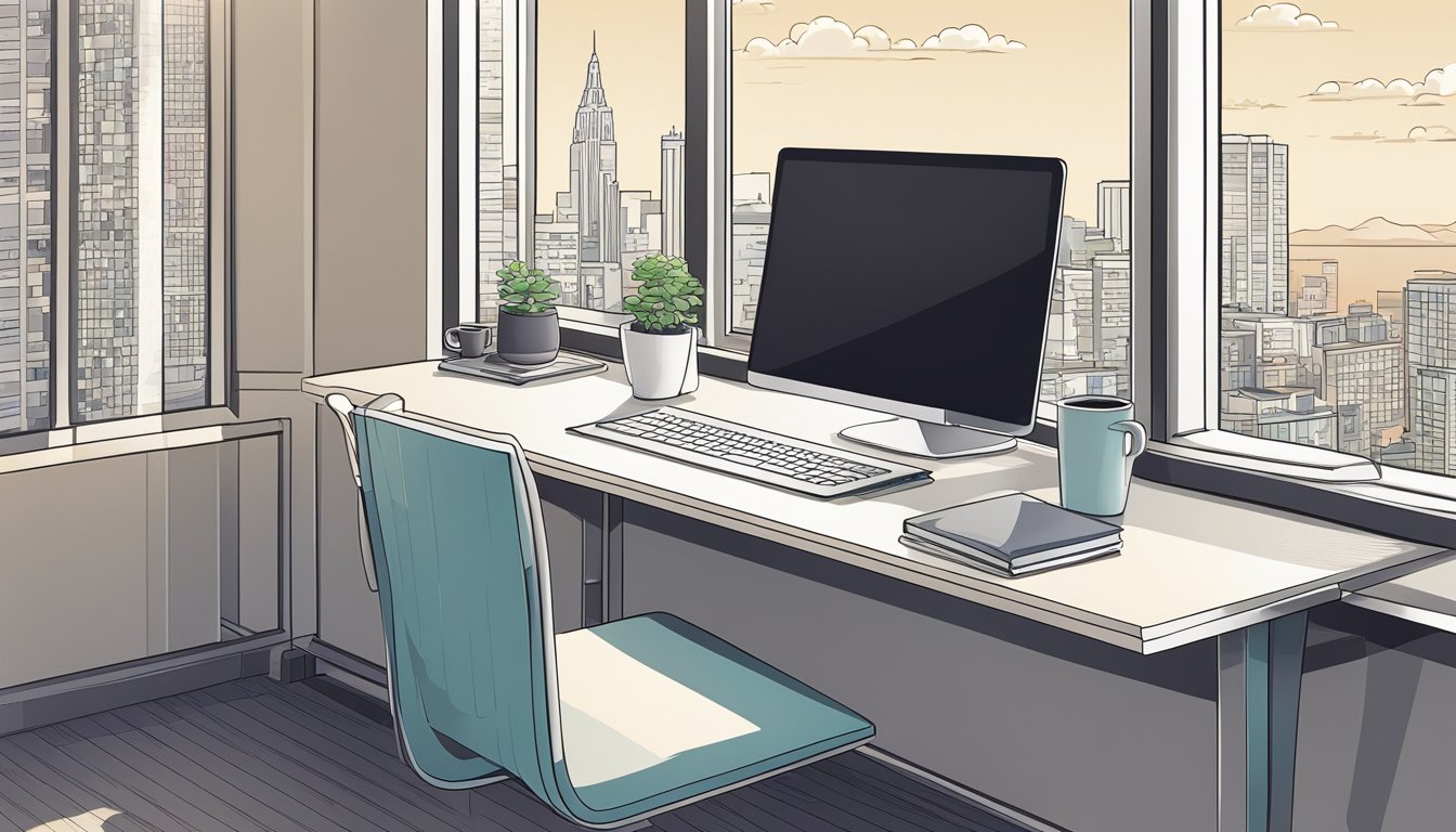 A desk with a computer, notebook, and coffee mug.</p><p>A window shows a city skyline.</p><p>A real estate sign leans against the wall