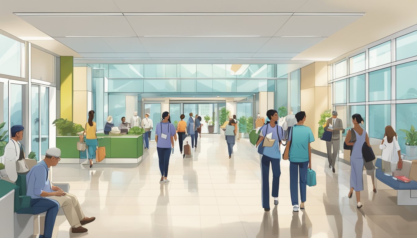 A bustling hospital lobby with a prominent sign for "Novena Heart Centre" and people moving in and out