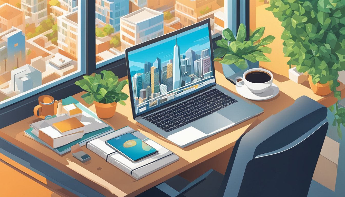 A desk with a laptop, notebook, and coffee mug.</p><p>A window overlooks a city skyline.</p><p>Real estate magazines and a plant sit on the desk