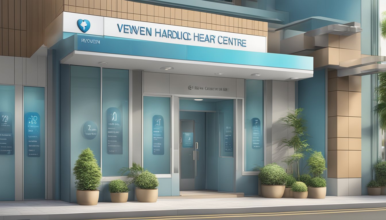A modern medical clinic exterior with clear signage displaying "Novena Heart Centre" and "Operating Hours" alongside contact information for Dr. Kenneth Ng Kwan Chung, SG Cardiologist