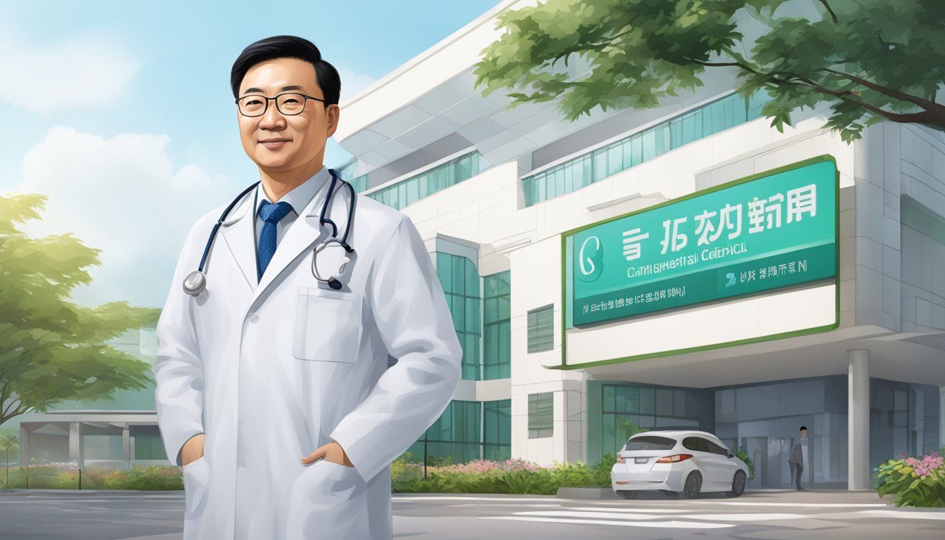 Dr. Teo Zhenwei in a white lab coat, stethoscope around his neck, standing in front of the Changi General Hospital sign