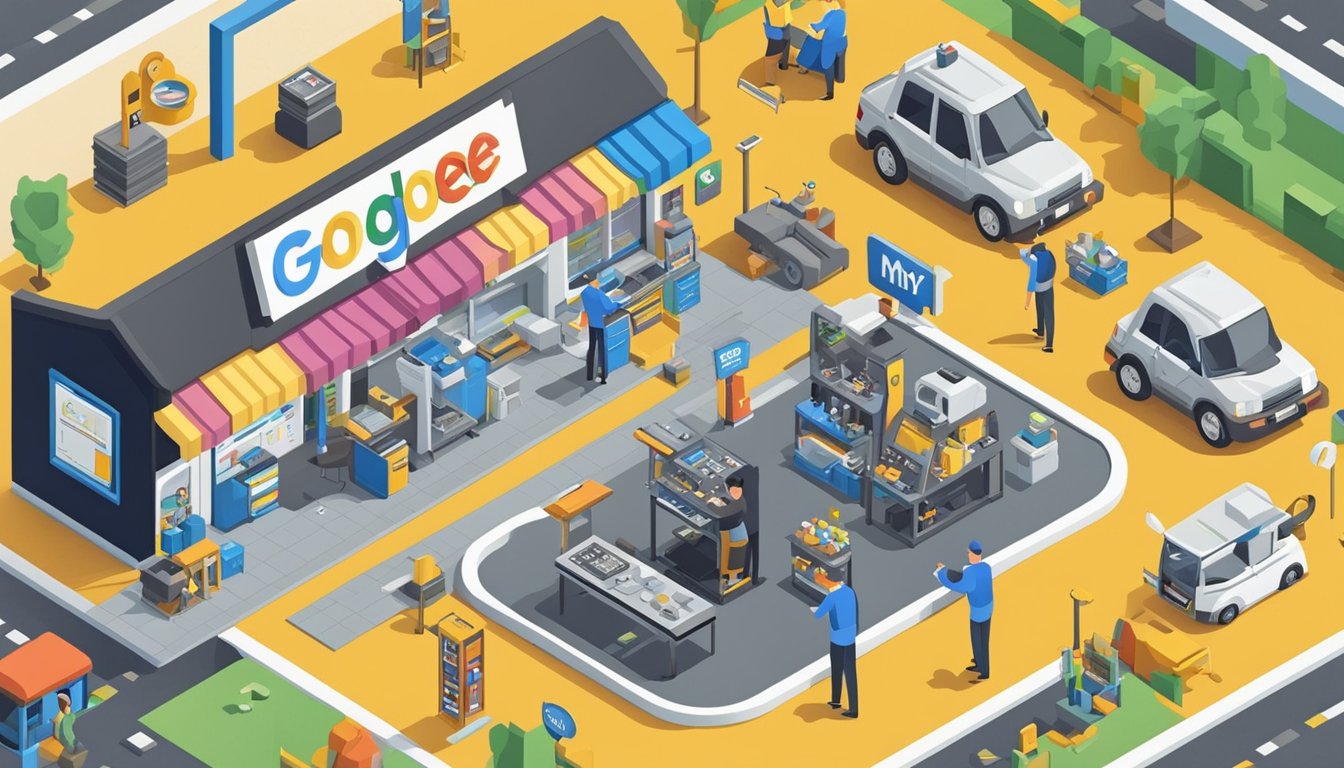 A mechanic's shop with a prominent "Claim Your Google My Business Listing" sign.</p><p>Tools and car parts scattered around.</p><p>A computer with "11 Effective SEO Strategies for Local Mechanics" on the screen