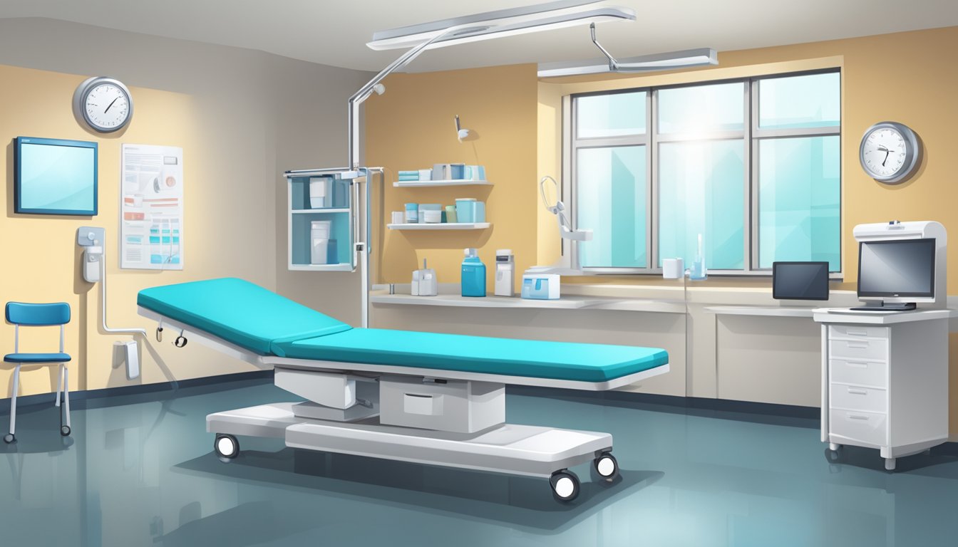 A hospital room with medical equipment and a doctor's white coat hanging on a chair. A stethoscope and clipboard on the table