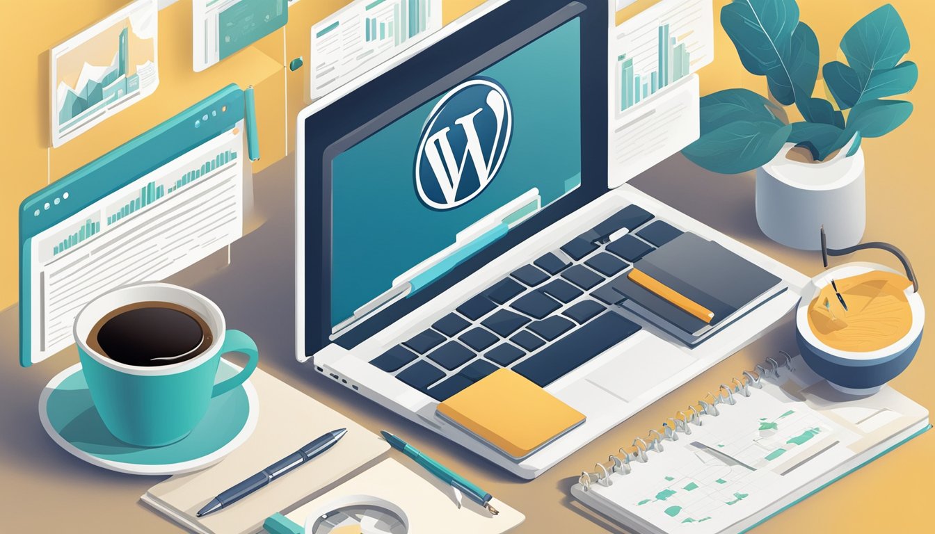 A laptop displaying a WordPress coaching blog with 8 SEO tips.</p><p>A pen and notebook sit beside it, ready for note-taking.</p><p>A cup of coffee completes the scene