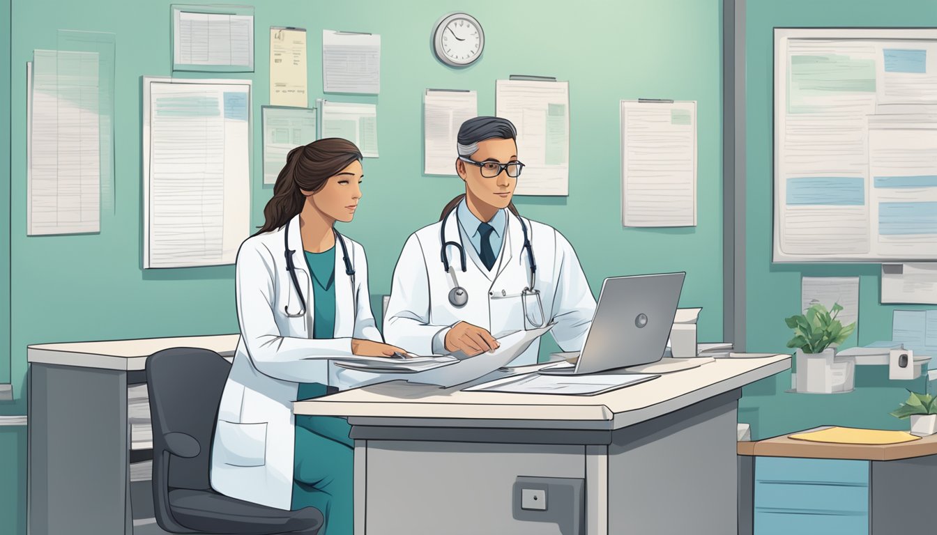 A doctor in a hospital setting, consulting with a patient's medical records and discussing treatment options