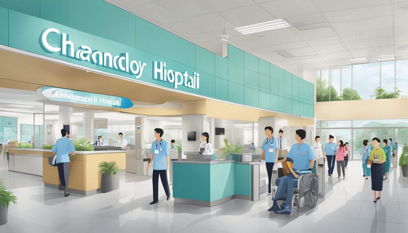 The bustling lobby of Changi General Hospital, with a prominent sign for Cardiology, and a sense of professionalism and care in the air