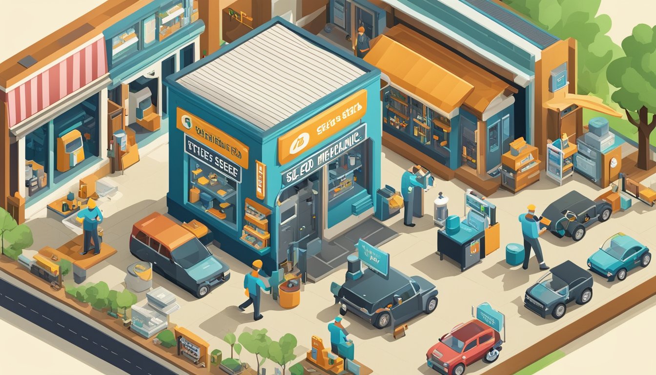 A mechanic's shop with a sign displaying "11 Effective SEO Strategies for Local Mechanics" surrounded by tools, cars, and satisfied customers