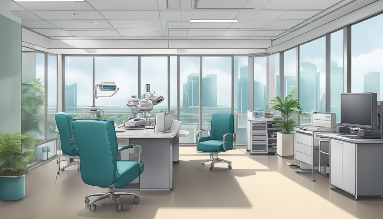 A cardiologist's office with medical equipment and a desk at Changi General Hospital, Singapore