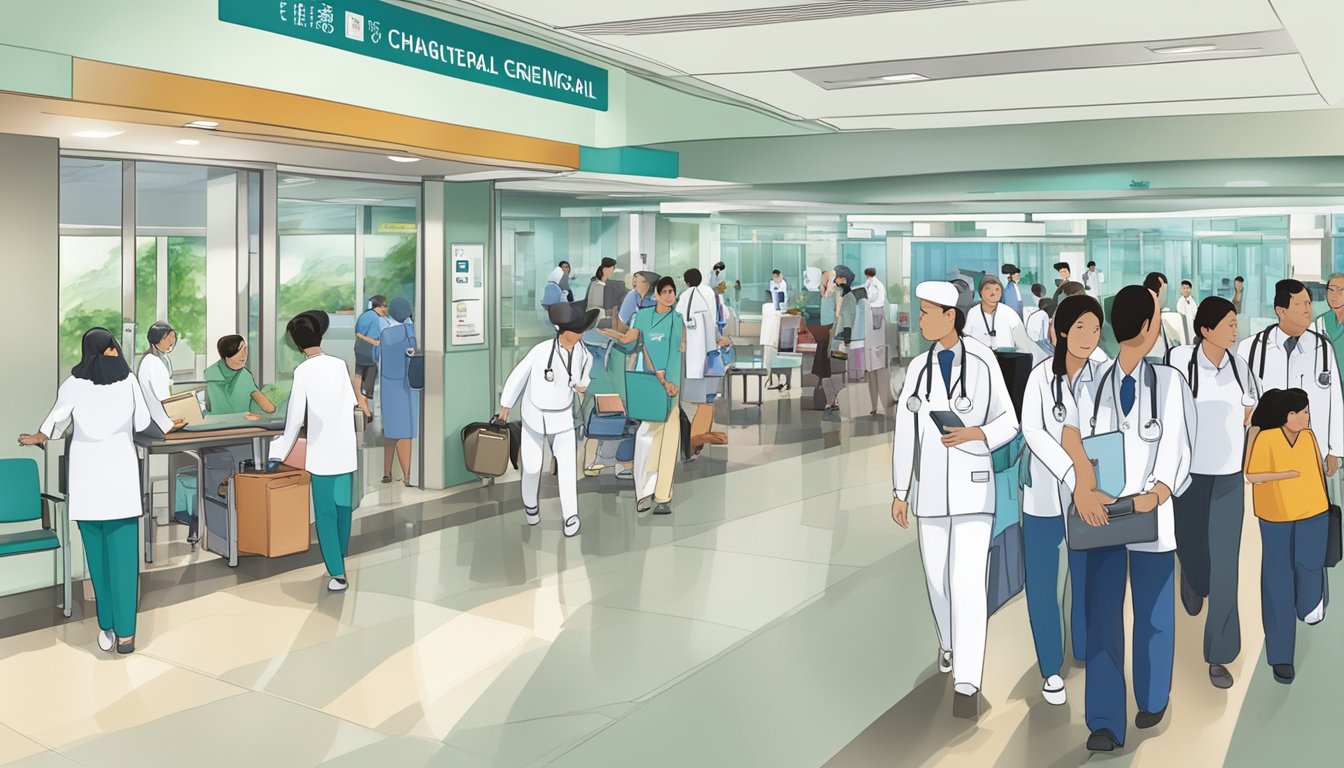 A bustling hospital lobby with a prominent sign for Cardiology Department at Changi General Hospital. Busy staff and patients moving through the area