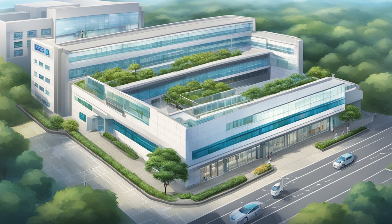 A hospital exterior with a prominent sign "Changi General Hospital" and a clear view of operating hours and contact information for Dr. Wang Yue, SG Cardiologist