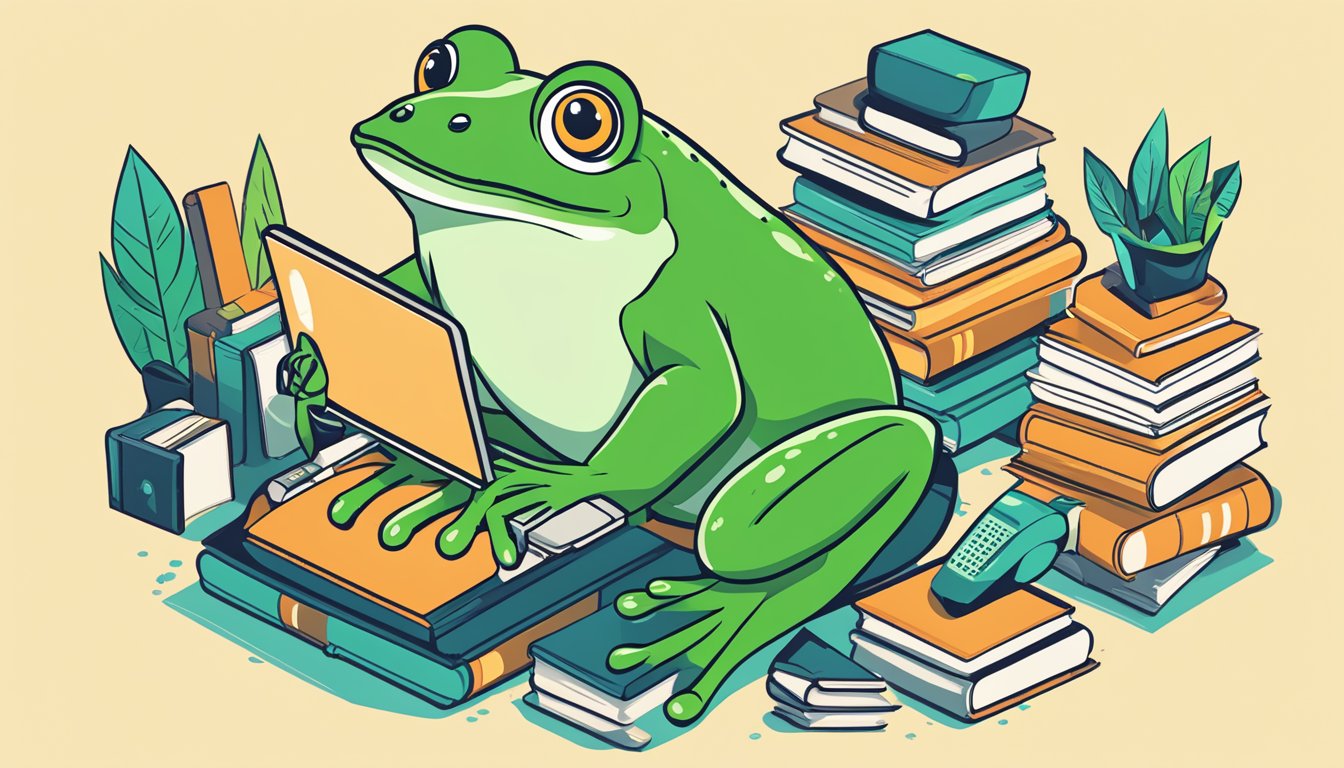 A frog with a megaphone, surrounded by books and a laptop, promoting affordable link building services for authors