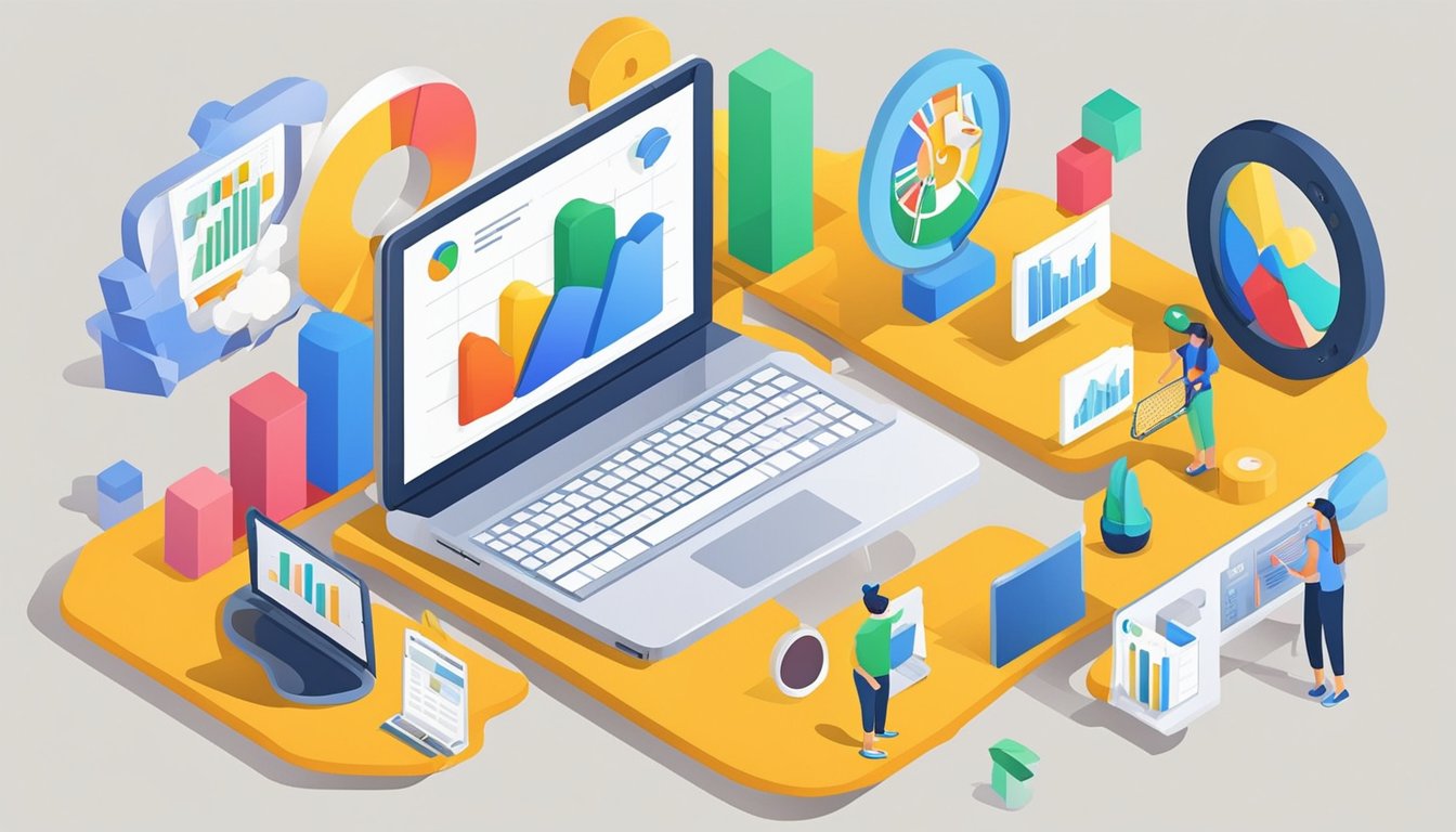 The scene depicts a computer screen displaying Google Analytics with 9 SEO tools for handmade product sellers.</p><p>Various graphs and charts are visible on the screen