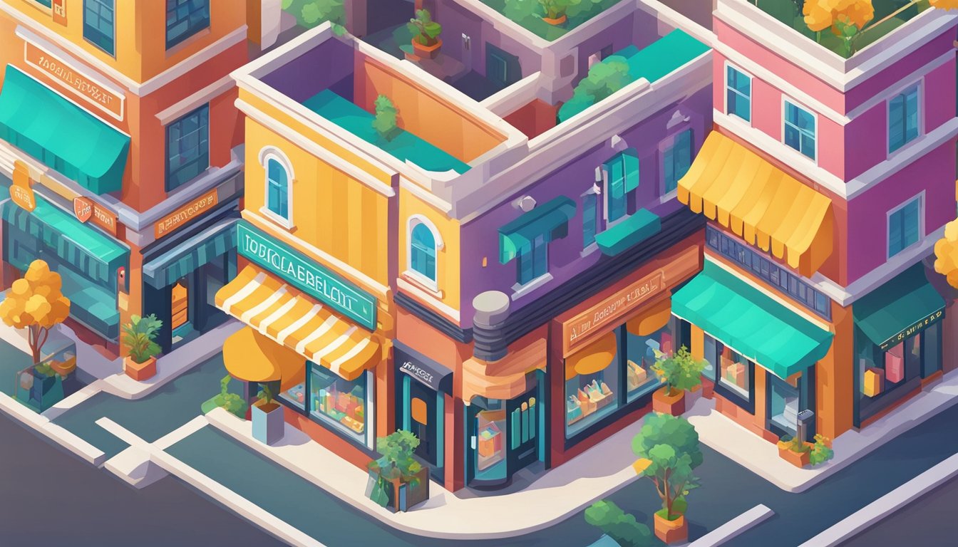 Local boutiques depicted with colorful storefronts, surrounded by vibrant community. 9 affordable link building services displayed on signboards