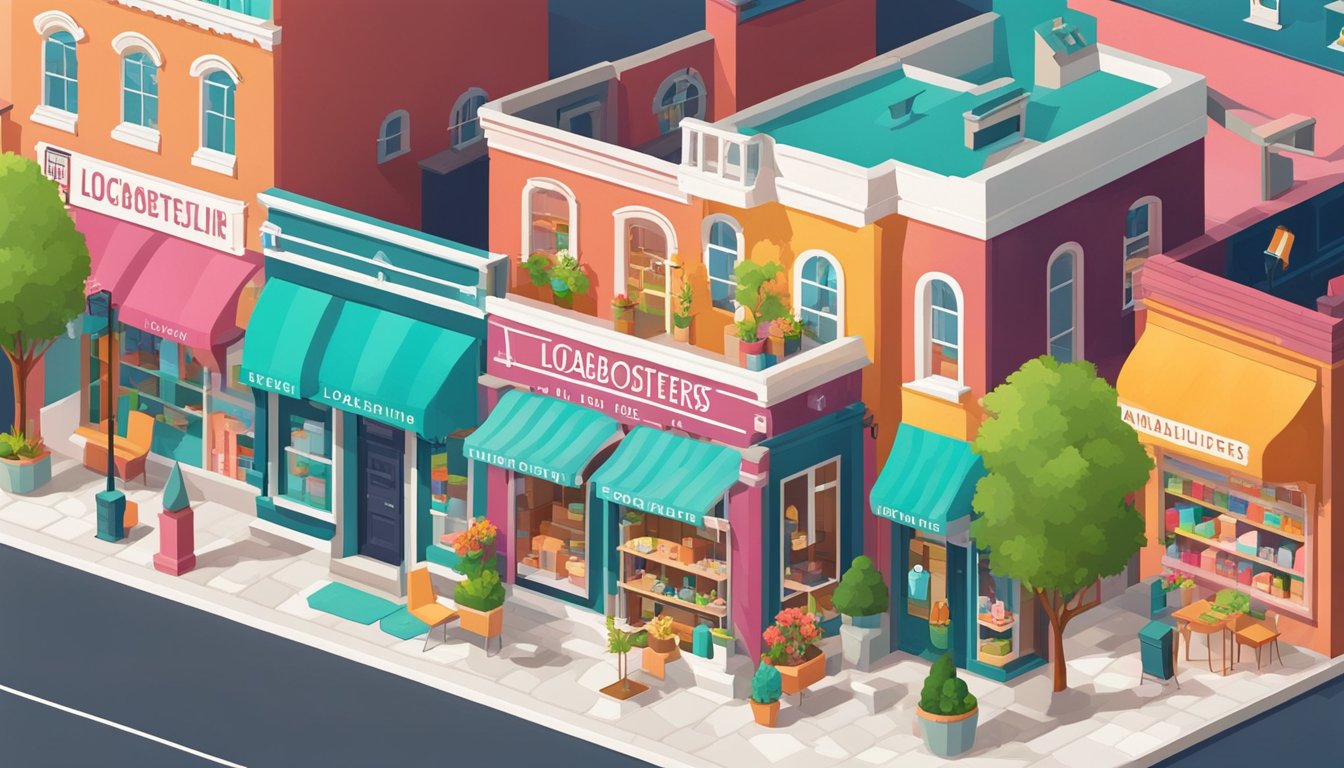 A quaint local boutique surrounded by vibrant storefronts, with a sign reading "LocalBoosters 9 Affordable Link Building Services" displayed prominently