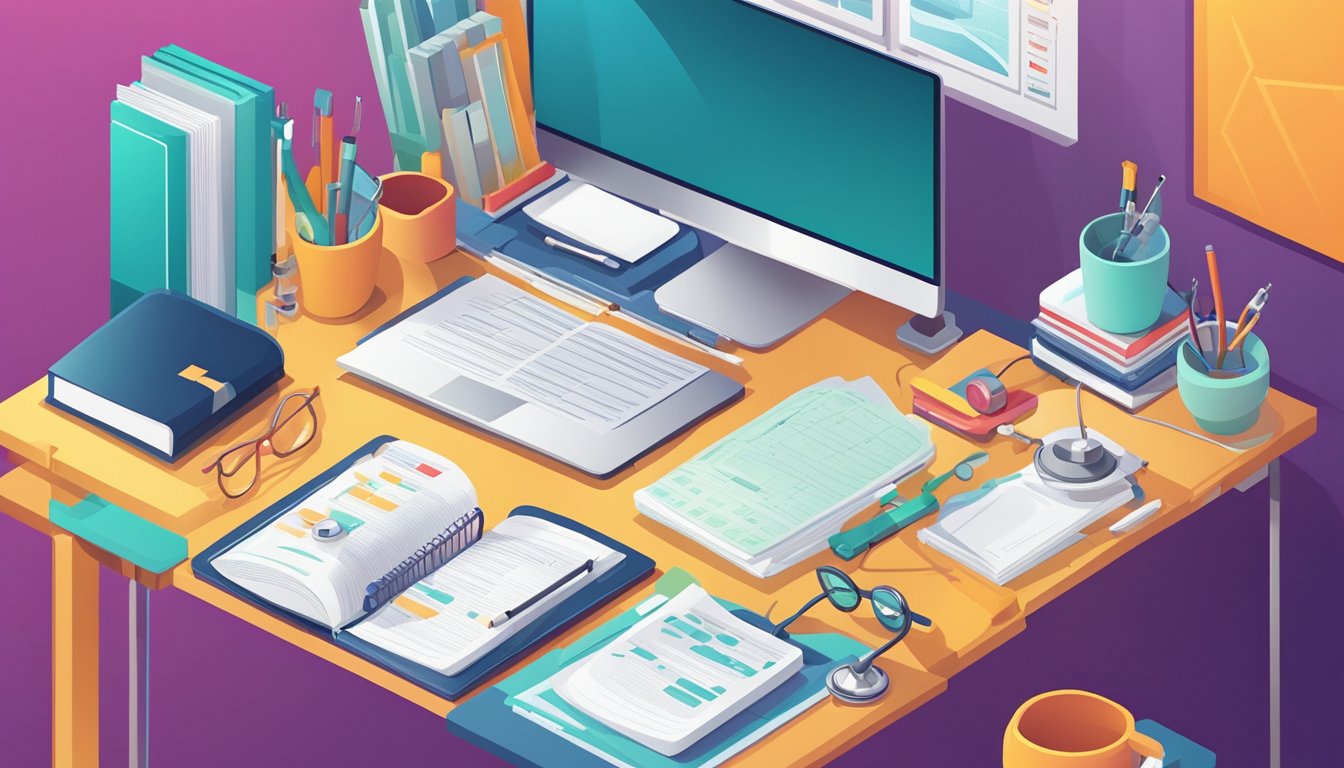 A desk with a laptop, medical books, and a checklist.</p><p>A stethoscope and medical tools in the background.</p><p>Bright, organized space