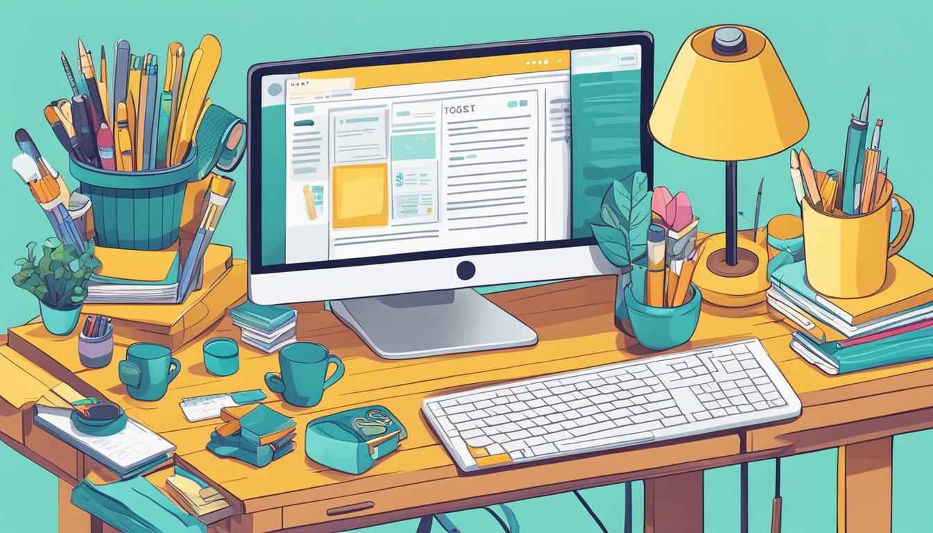 A desk with a computer displaying "Moz Pro 10 Best SEO Tools" for craft bloggers, surrounded by craft supplies and a cozy workspace