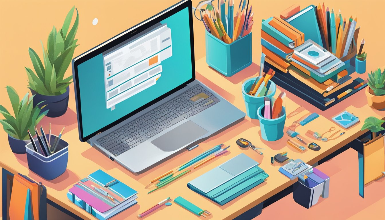 A colorful craft blogger's desk with a laptop, notebook, and various art supplies.</p><p>Ahrefs SEO tools displayed on the screen