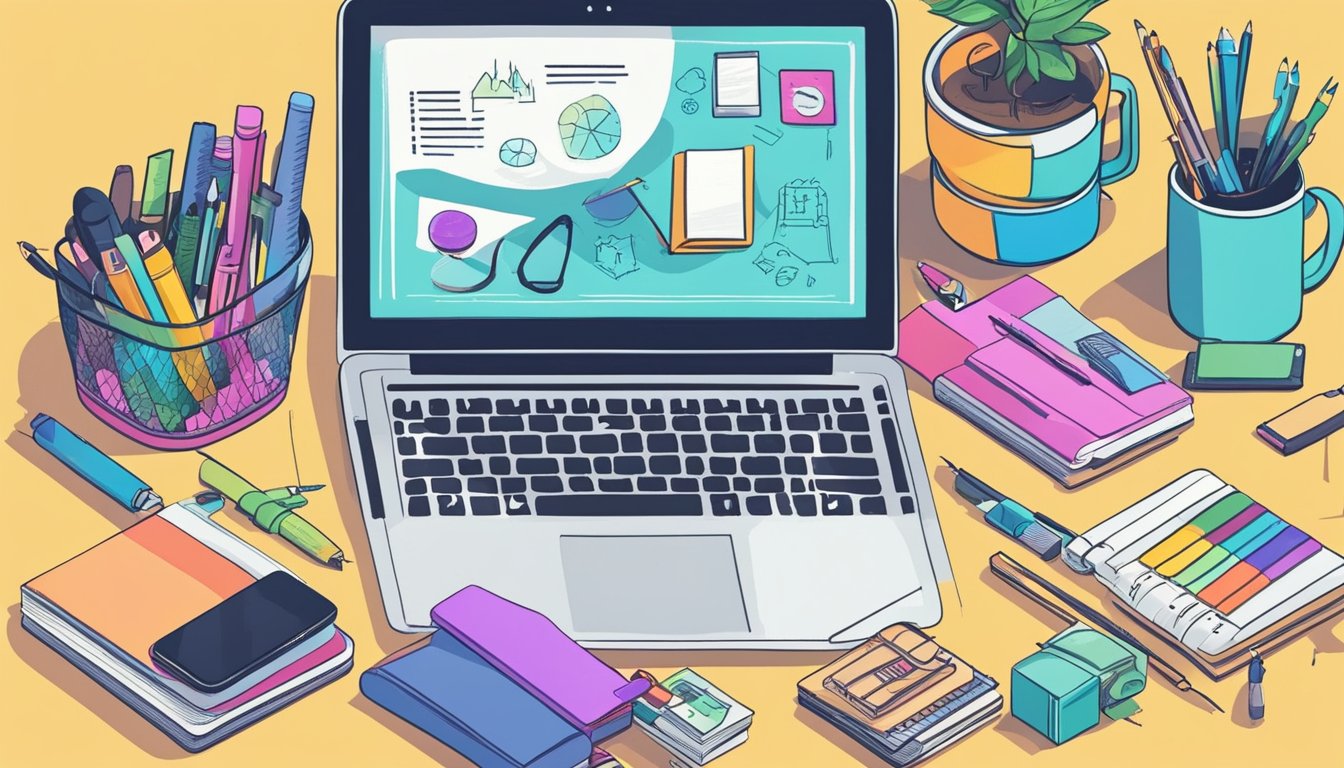 A desk cluttered with craft supplies, a laptop open to Yoast SEO's 10 Best SEO Tools for Craft Bloggers, and a notepad with doodles and brainstorming ideas