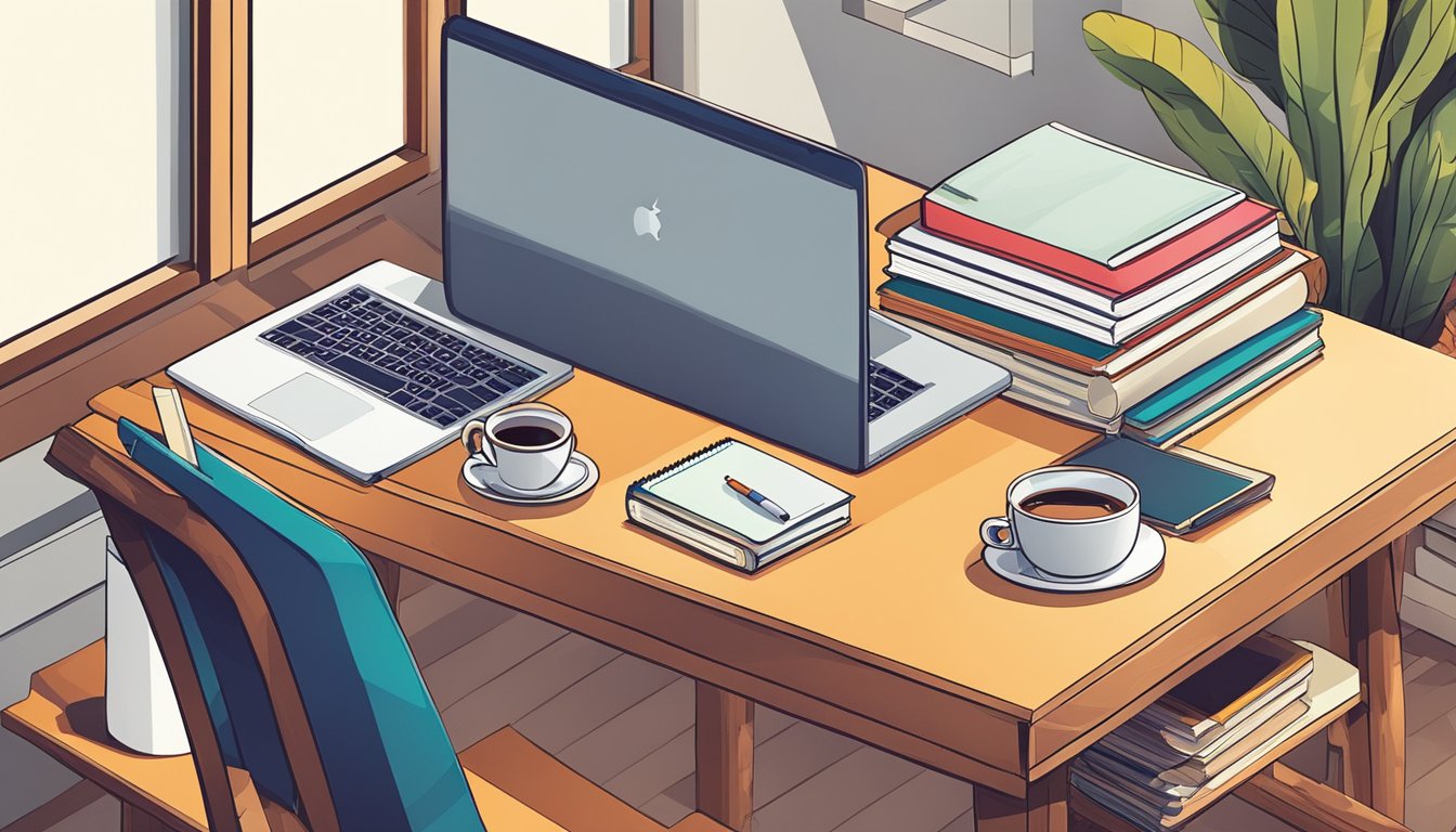 A desk with a laptop, notebook, and pencil.</p><p>A stack of craft books and a cup of coffee.</p><p>A window with natural light