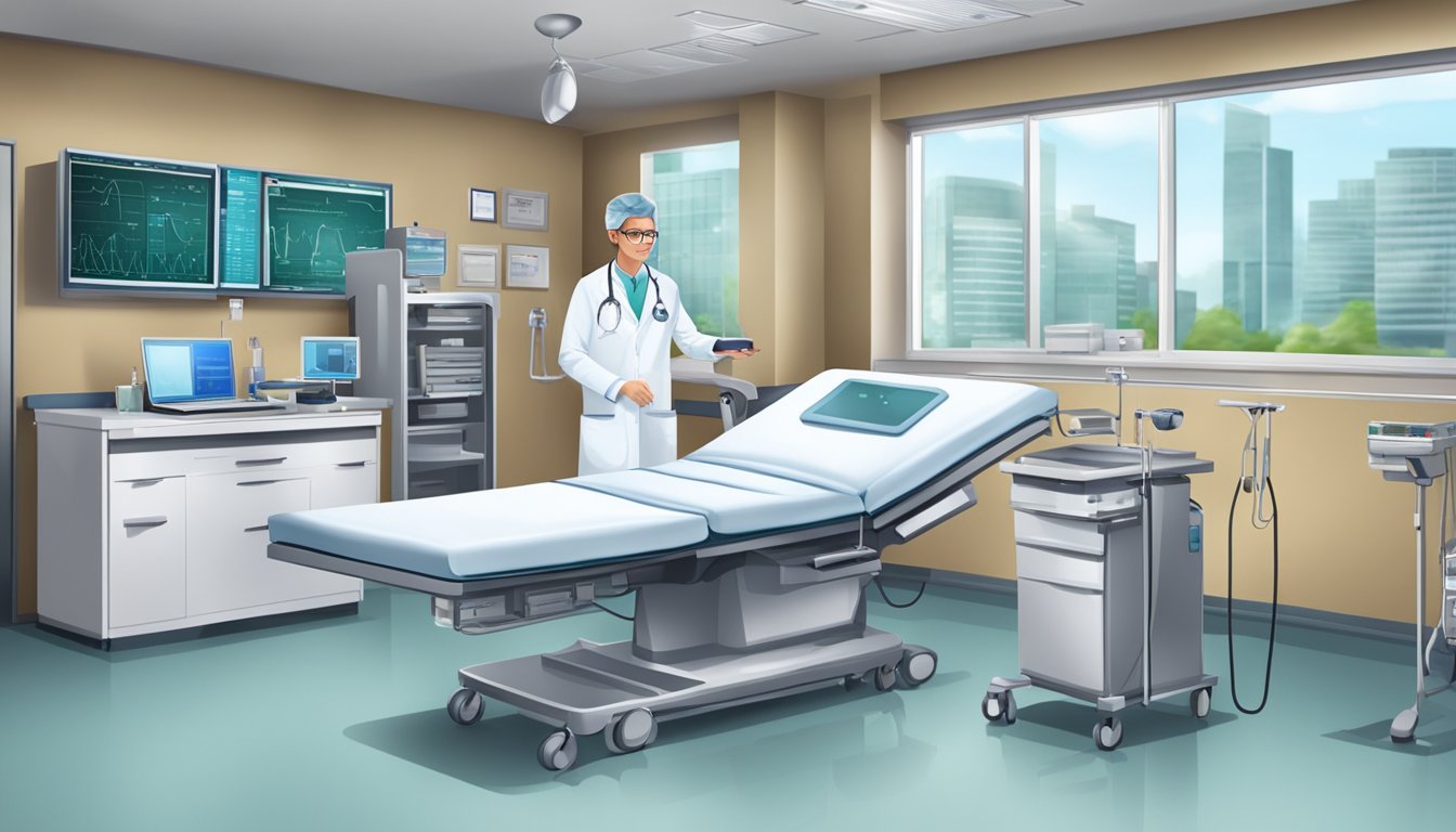 A cardiologist in a hospital setting, with medical equipment and a professional environment