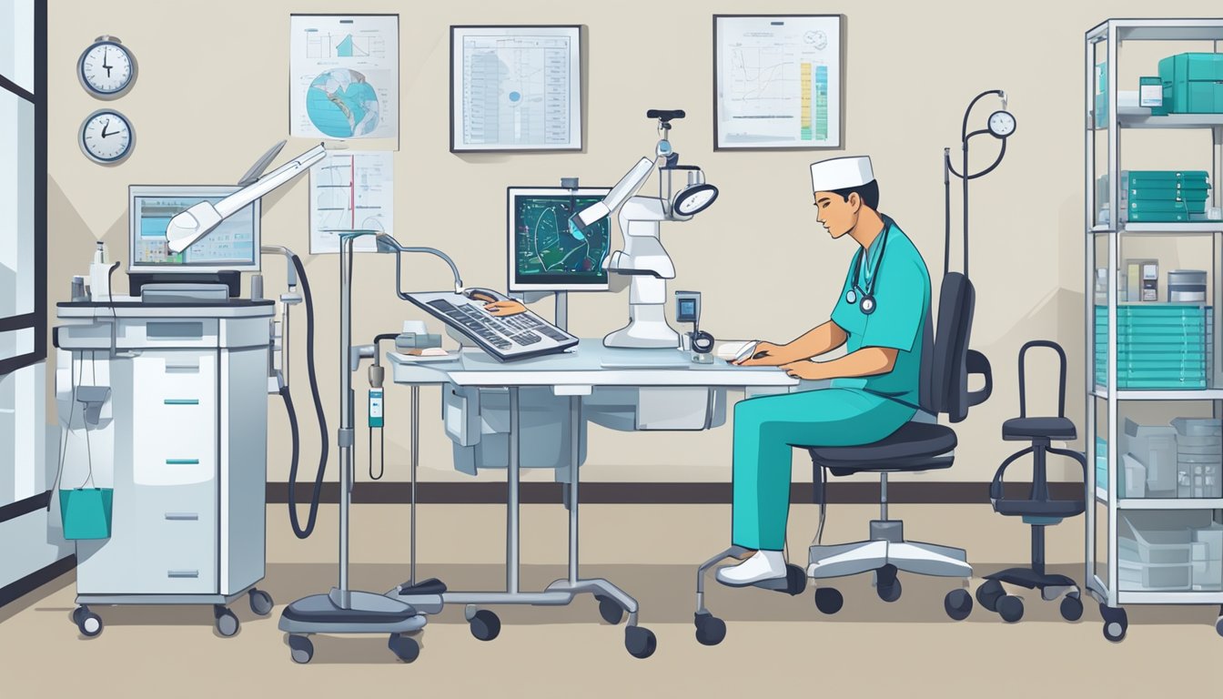 A cardiologist in a hospital setting, surrounded by medical equipment and charts, focused on patient care