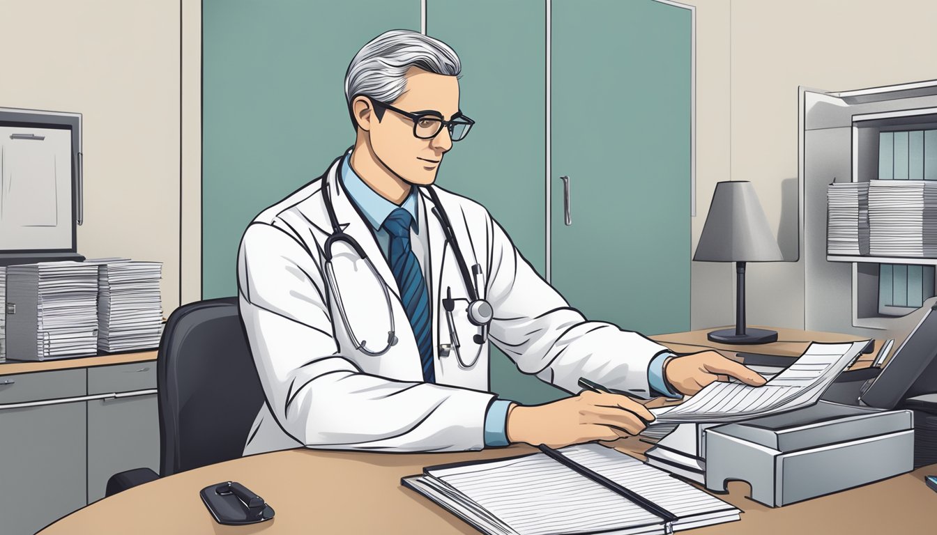 A cardiologist reviewing patient files at a desk in a hospital office