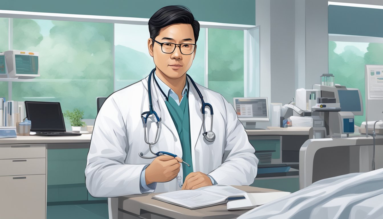 Dr. Teo Swee Guan in a hospital setting, wearing a white coat, stethoscope around his neck, with a focused and professional demeanor
