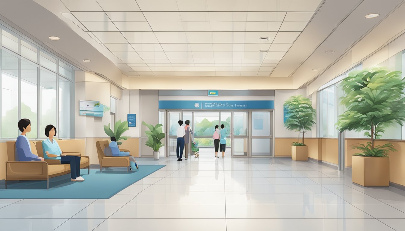The bustling lobby of Changi General Hospital, with a sign for Cardiology Department, and a serene waiting area with comfortable seating and soothing decor