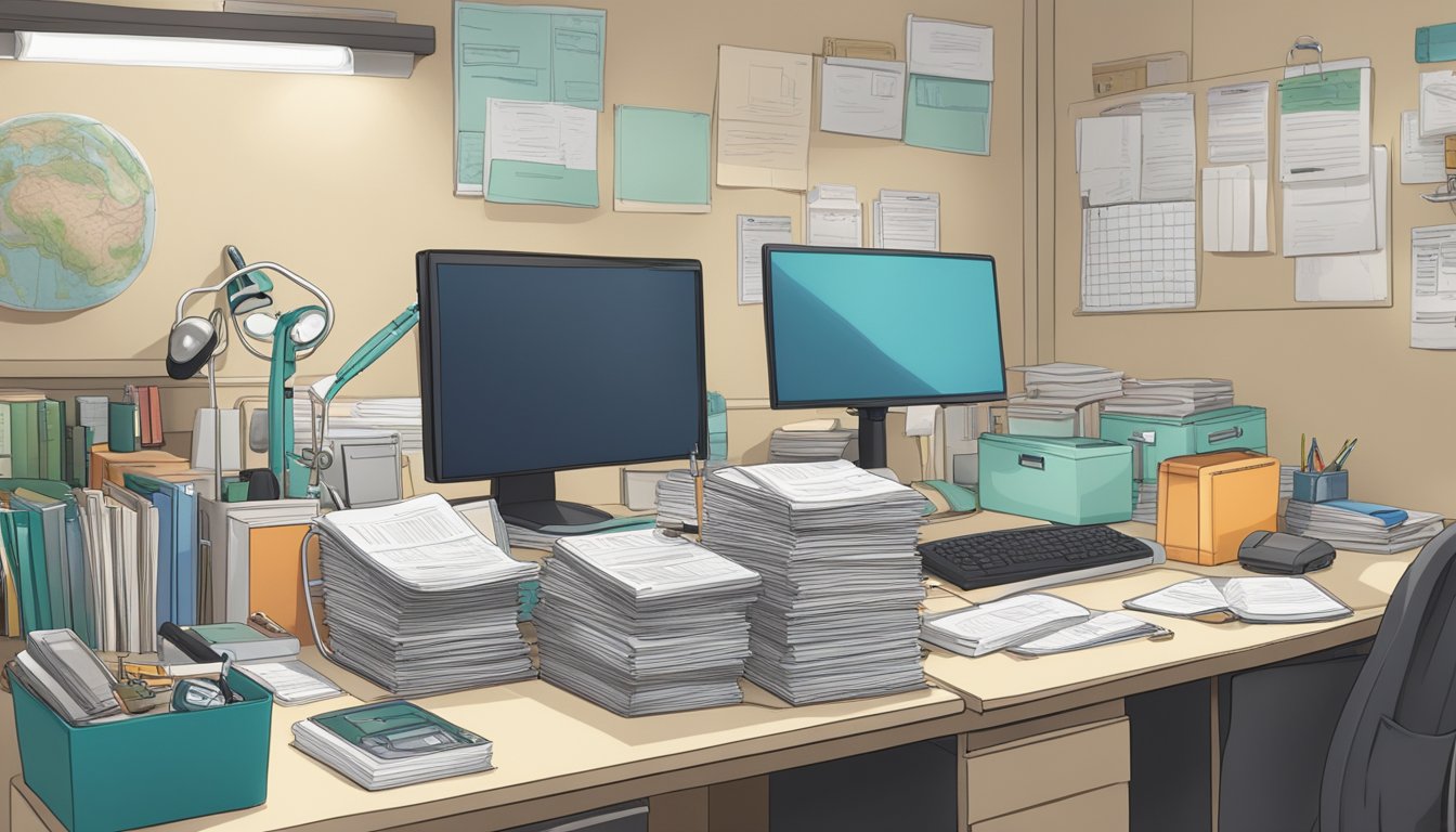 Dr. Teo Swee Guan's office, cluttered with medical textbooks and equipment. His desk is covered in patient files and a stethoscope hangs from a hook on the wall