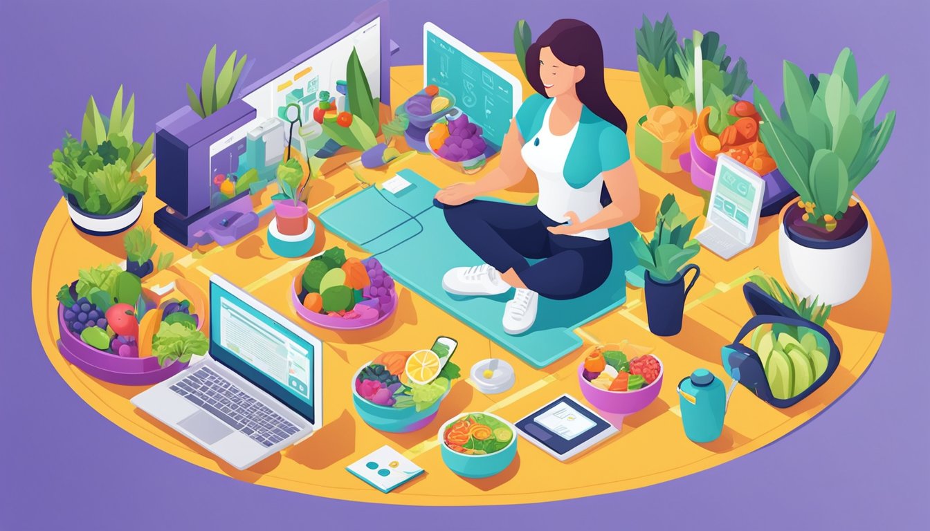 A health coach surrounded by a variety of healthy foods, exercise equipment, and a laptop displaying SEO tips