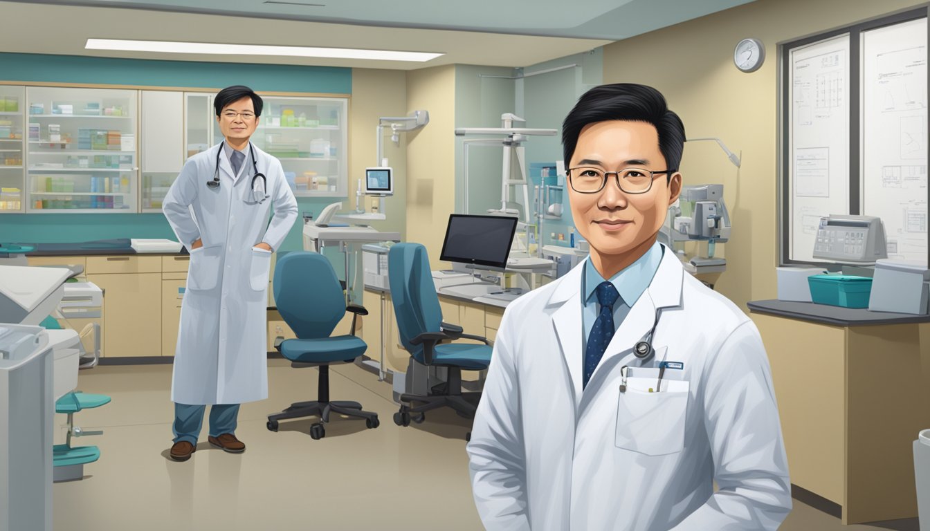 Dr. Teo Swee Guan stands in a modern clinic, surrounded by medical equipment. His name and title are displayed prominently on the wall